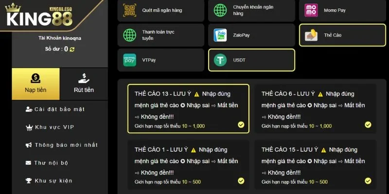 Hướng dẫn từng bước Nạp tiền king88 cho người mới bắt đầu